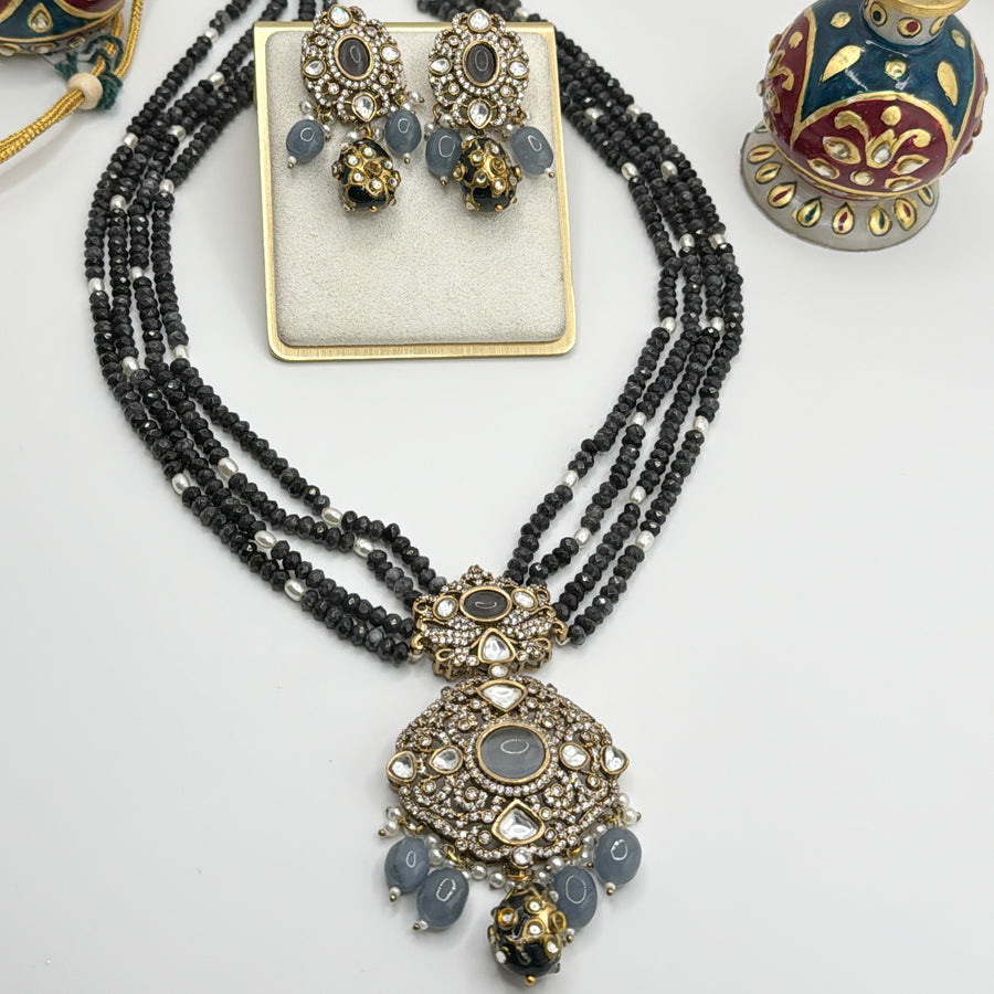 Grey Moissanite Kundan Long Necklace Set