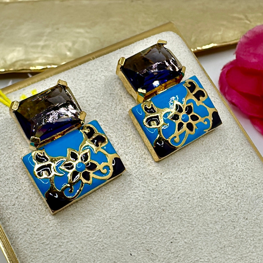 Purple Amethyst Swarovski Crystal & Blue Meenakari Studs