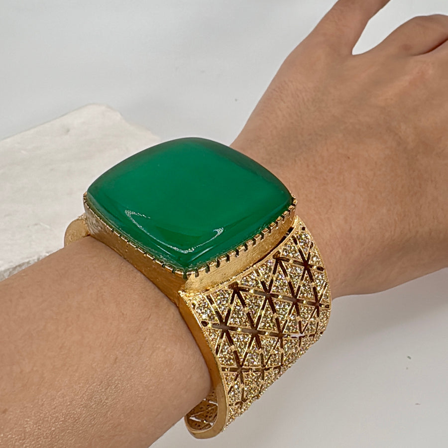 Green Doublet & Cubic Zirconia Gold Cuff Bangle