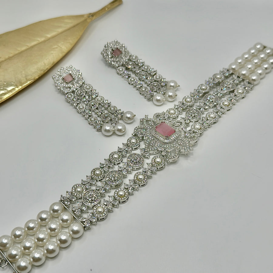 Pink American Diamonds & Pearls Choker Necklace Set