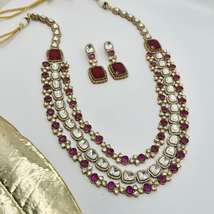 Ruby Doublet & Moissanite Kundan Three Layers Necklace Set