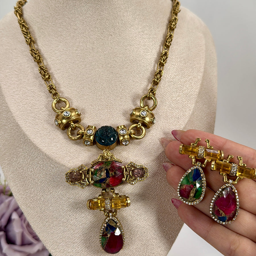 Ruby Blue Multi Marble Doublet Silver Lookalike Gold Long Necklace Set