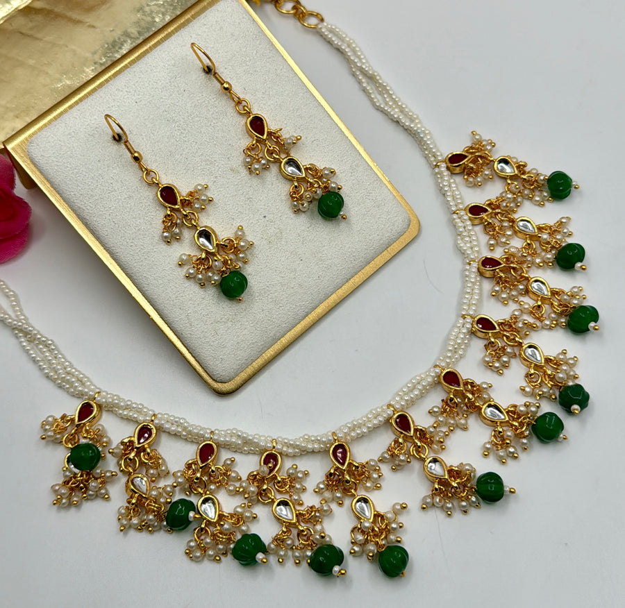 Green Kundan Dainty Pearl Necklace Set