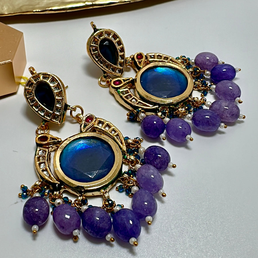 Blue & Purple Kundan Chandbali Earrings