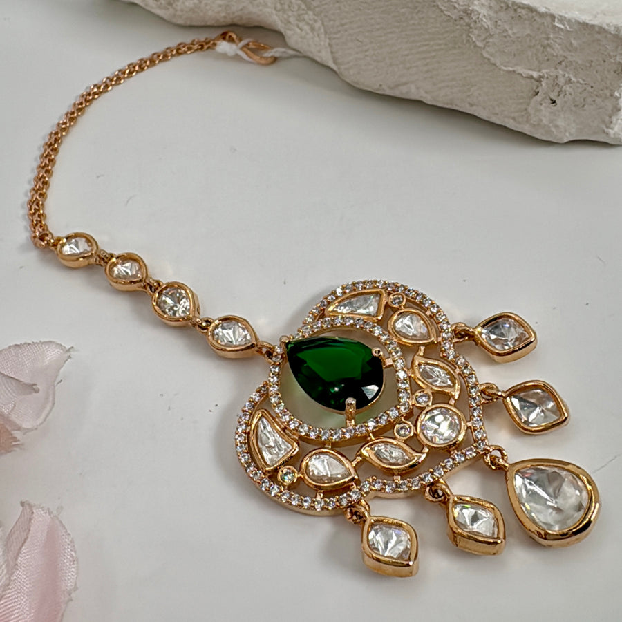 Green Polki Kundan Mang Tikka