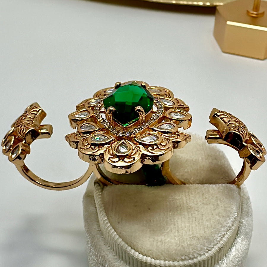 Green Kundan Adjustable Two Fingers Ring