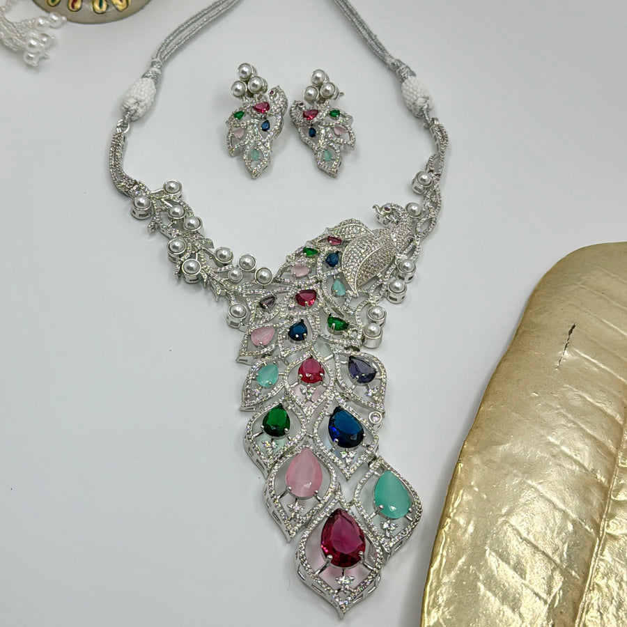 Multi American Diamonds Peacock Necklace Set