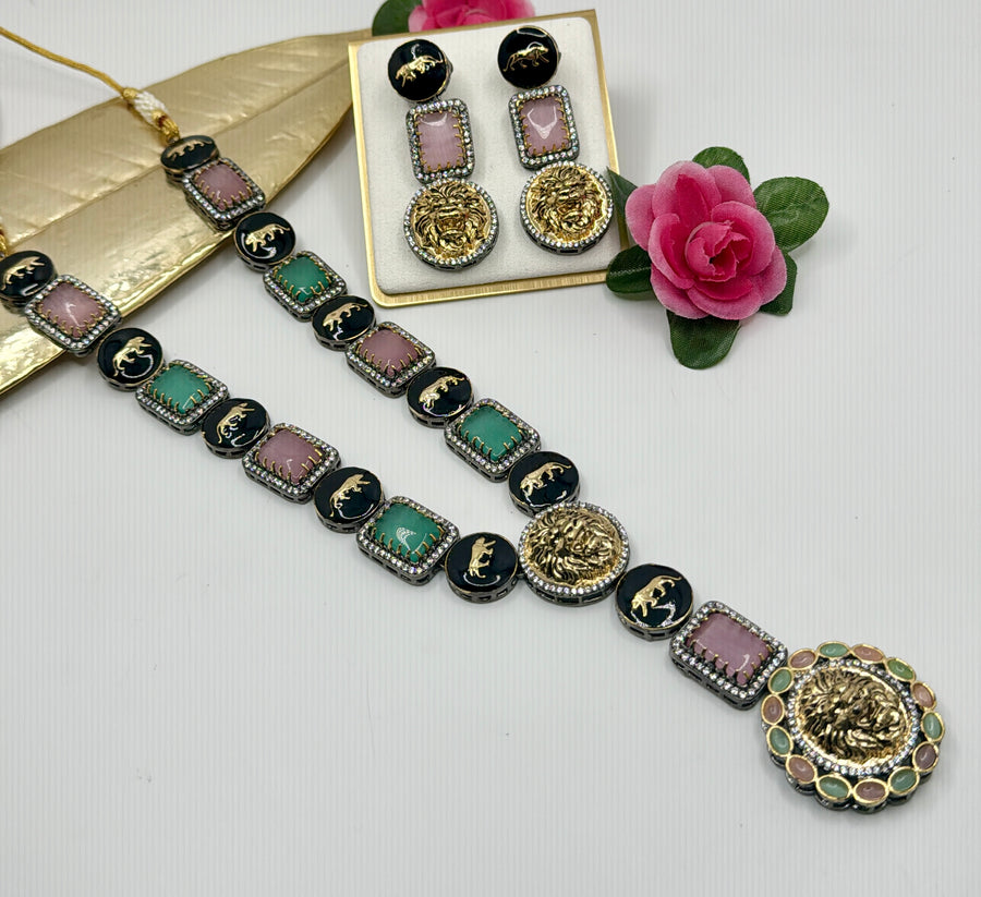 Pink And Mint Sabya Inspired Long Necklace Set