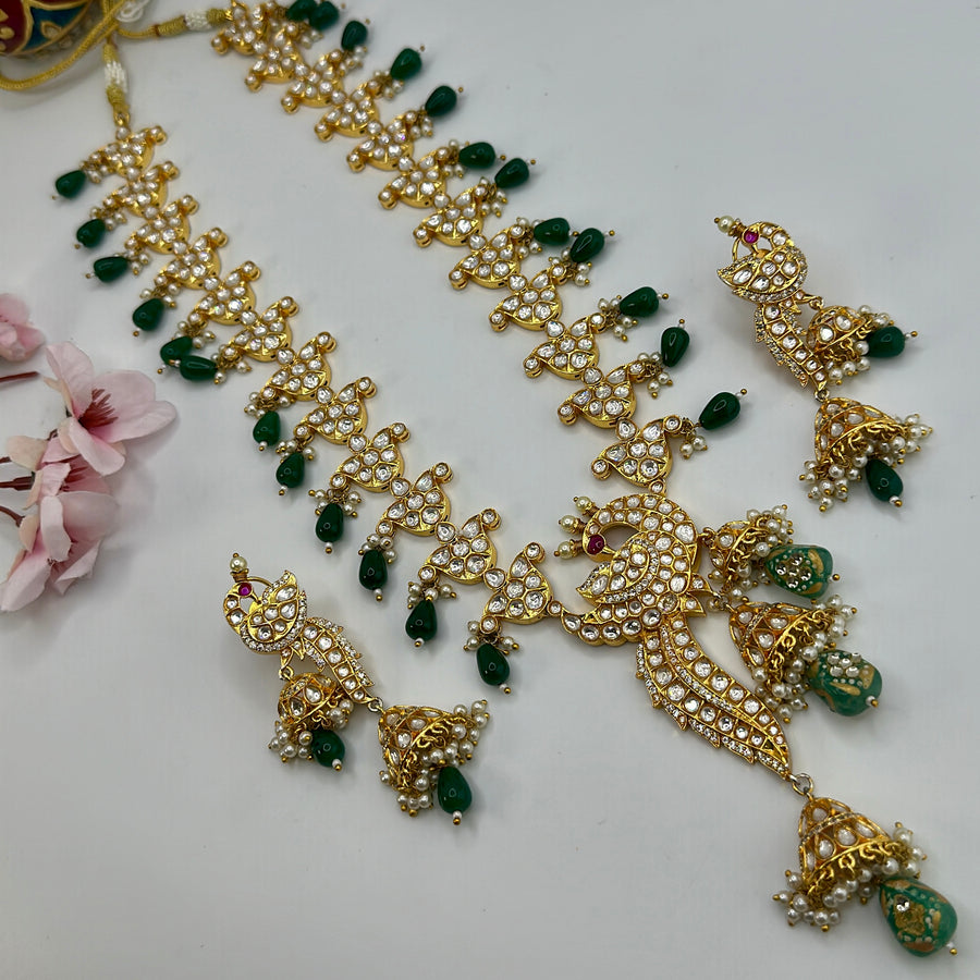 Green Premium Polki Kundan Statement Long Necklace Set