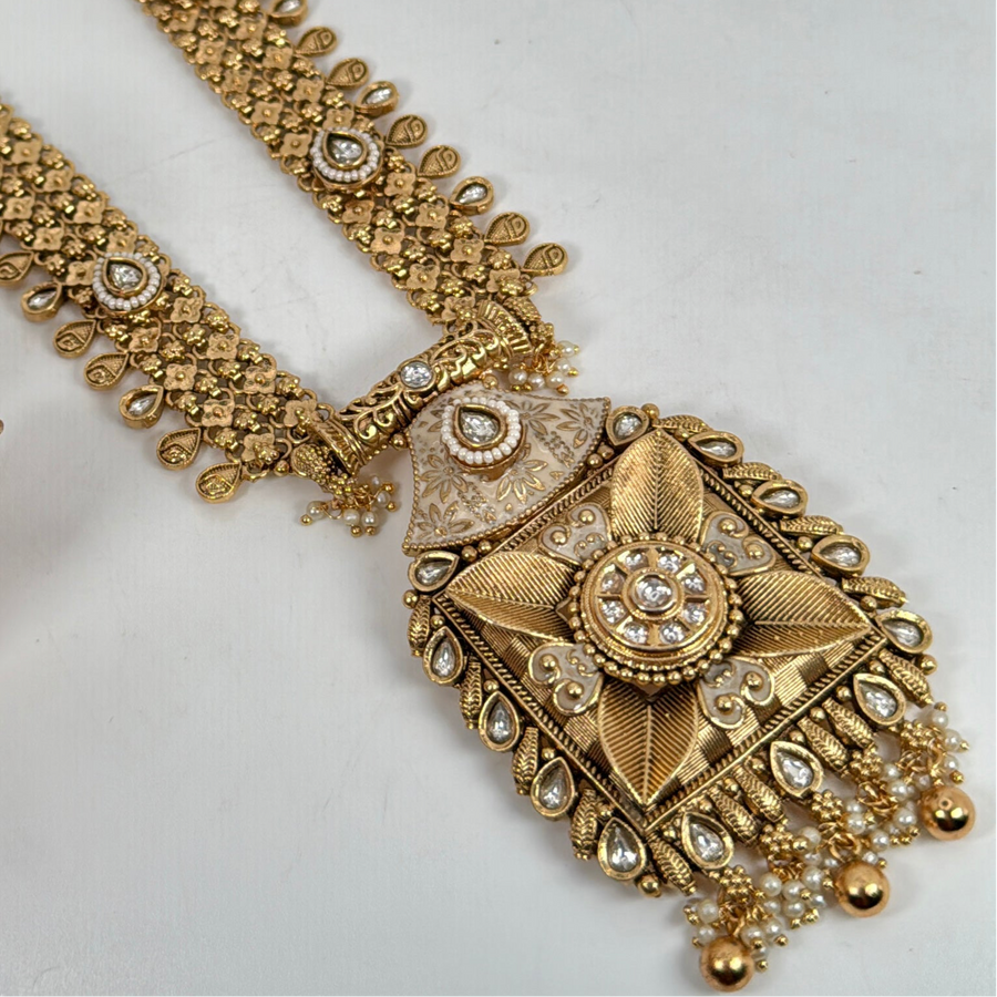 Clear Antique Gold Meenakari Kundan Long Necklace Set