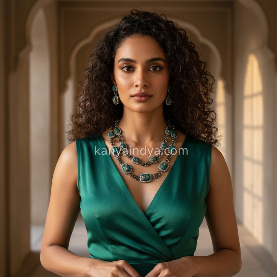 Blue Marble Stone Two Layer Necklace Set