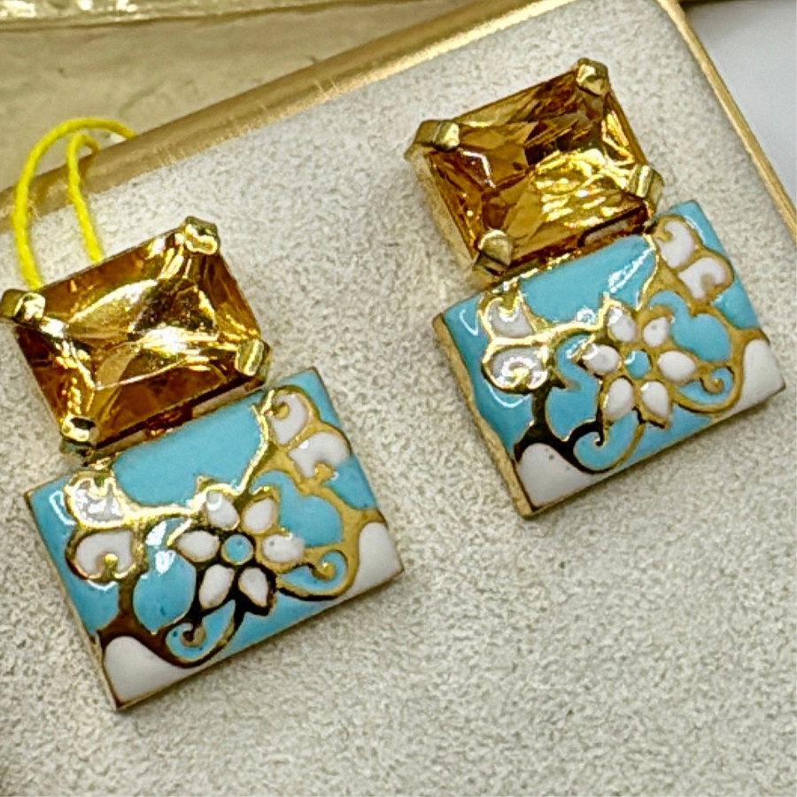 Yellow Swarovski & Turquoise Meenakari Studs