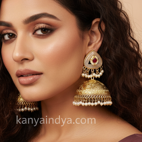 White Silver Lookalike Gold Jhumka Earrings