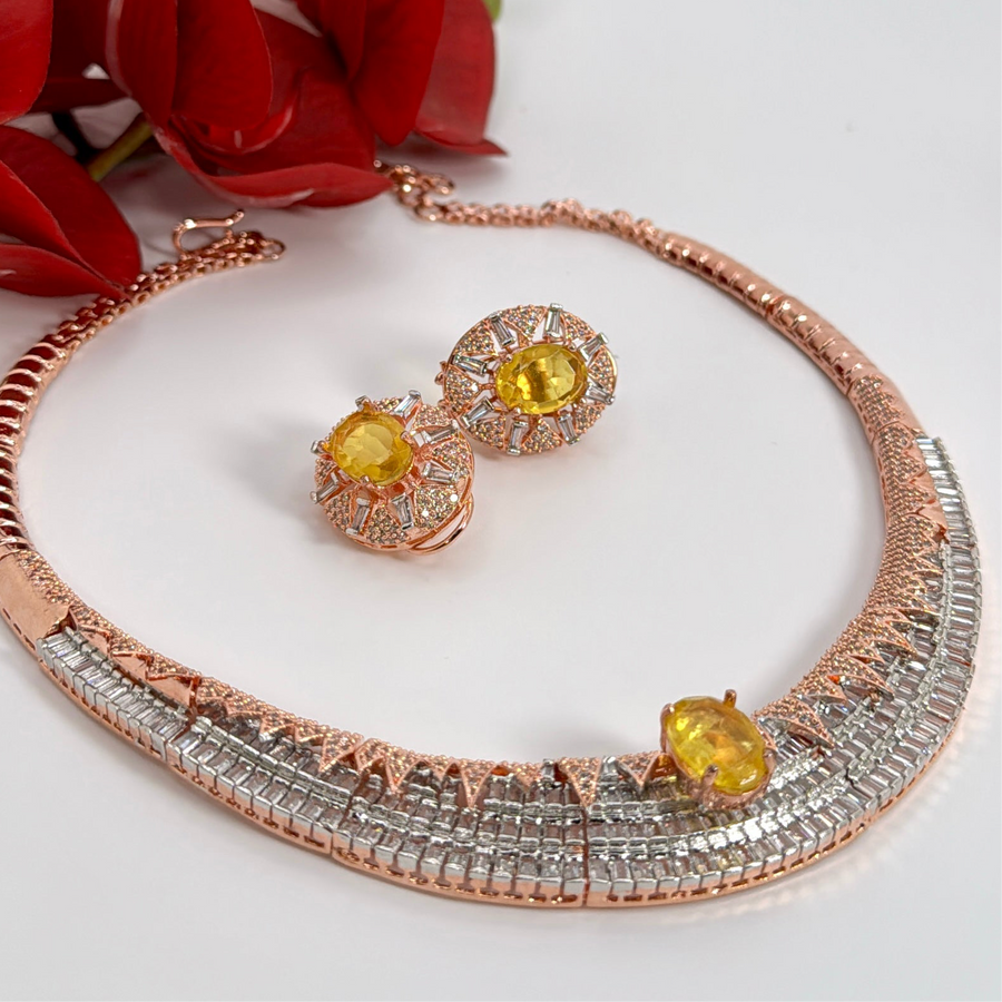 Yellow Dual Tone Cubic Zirconia Baguette Diamonds Carat Polished Necklace Set