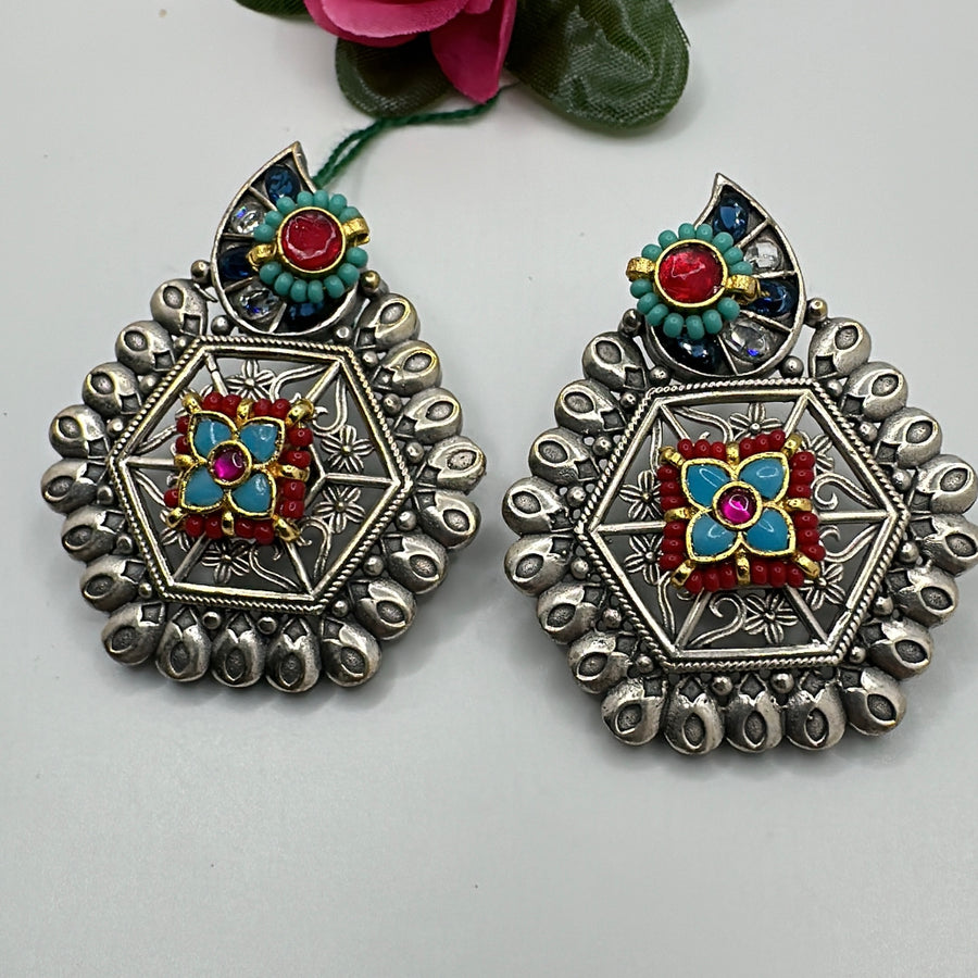 Turquoise & Red 
Paachi Motif Silver Lookalike Studs