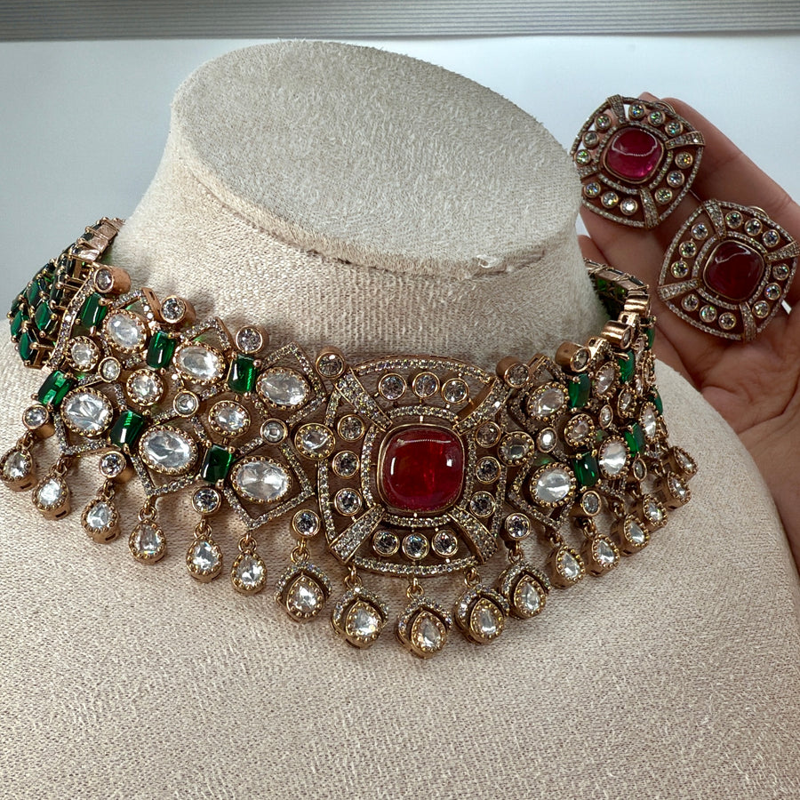 Ruby Doublet & Green Invisible Setting Moissanite Choker Necklace Set