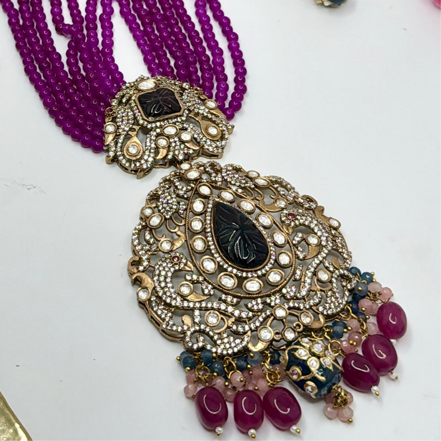 Purple Kundan Statement Long Necklace Set