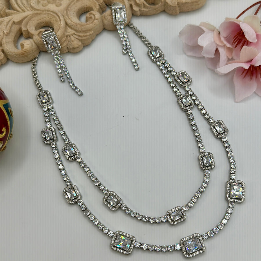 Clear Two Layer American Diamonds Necklace Set