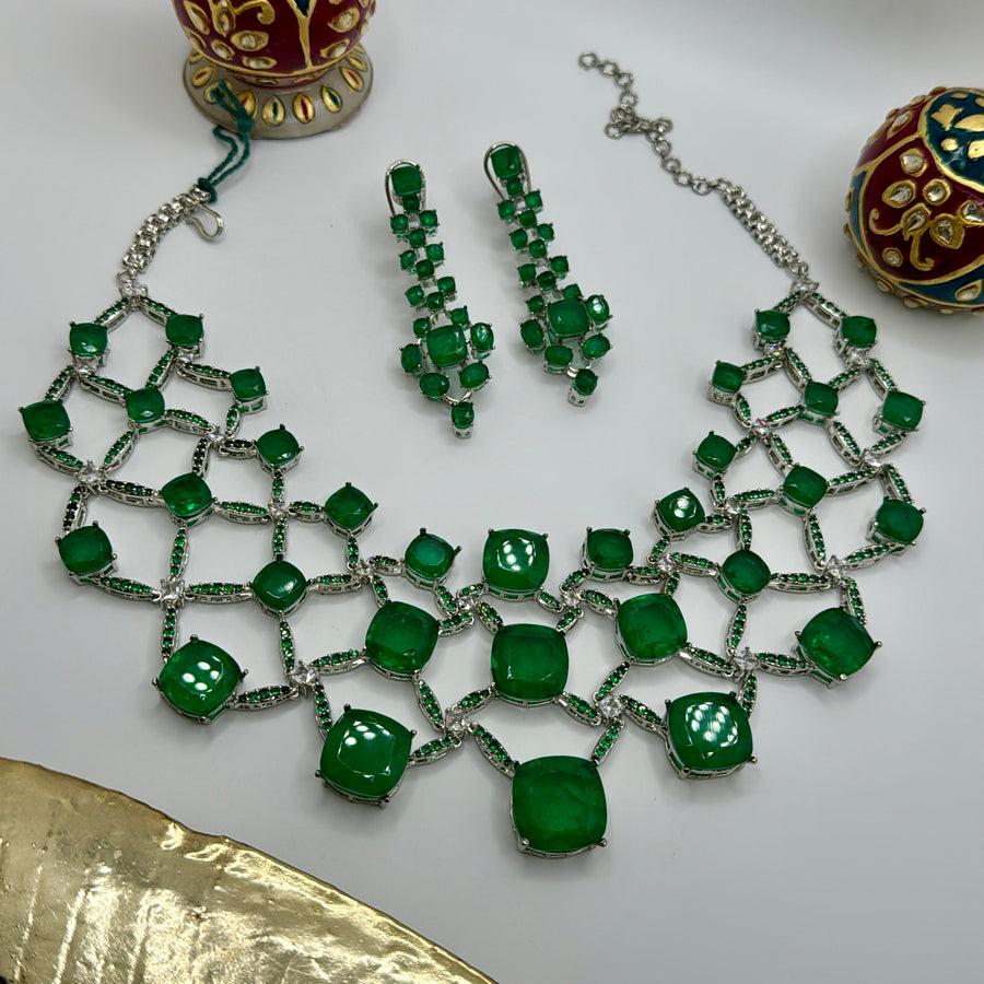 Green Doublet & American Diamonds Statement Necklace Set