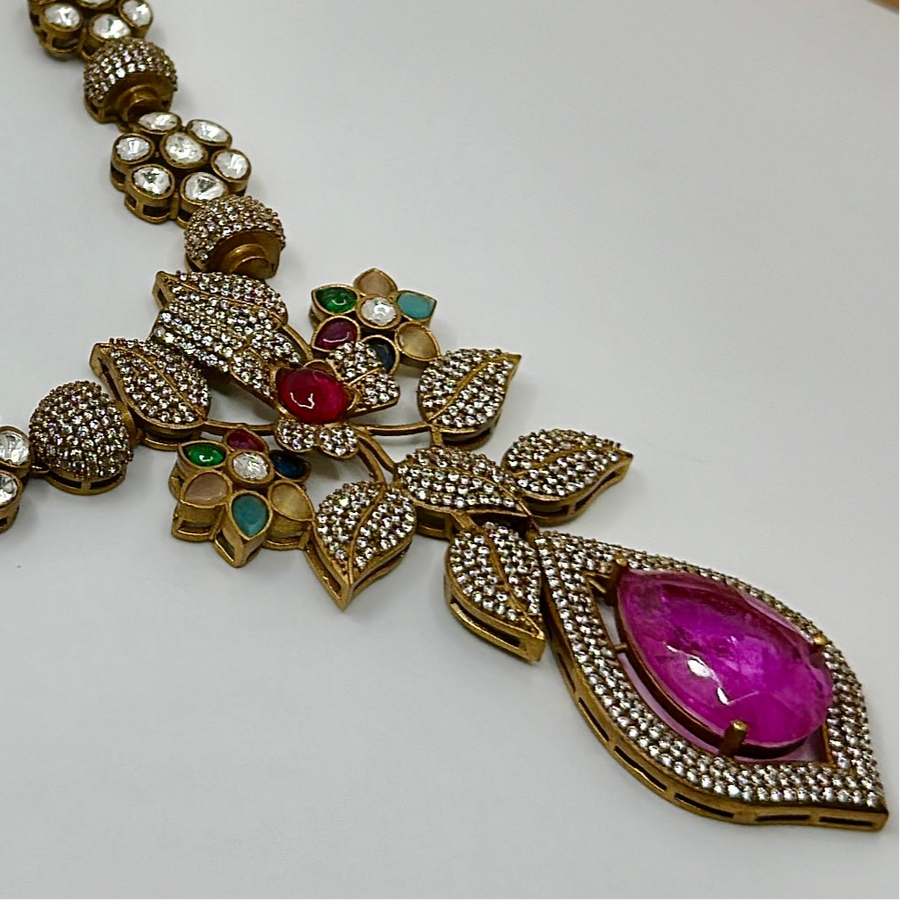 Hot Pink Moissanite Kundan Necklace Set