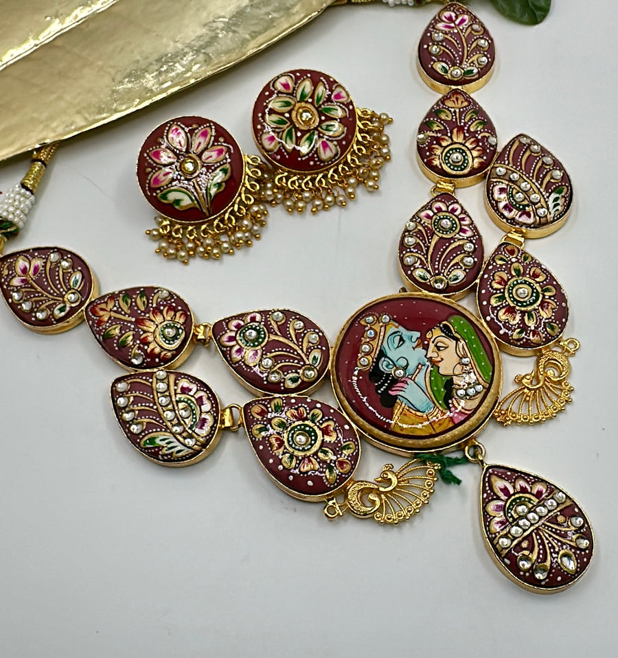 Ruby Tanjore Radha Krishna Necklace Set