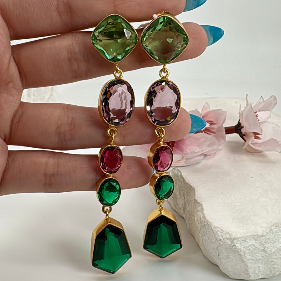 Multi Green Glass Stone American Diamonds Cubic Zirconia  Earrings (Approx. Length 3.5 inches)