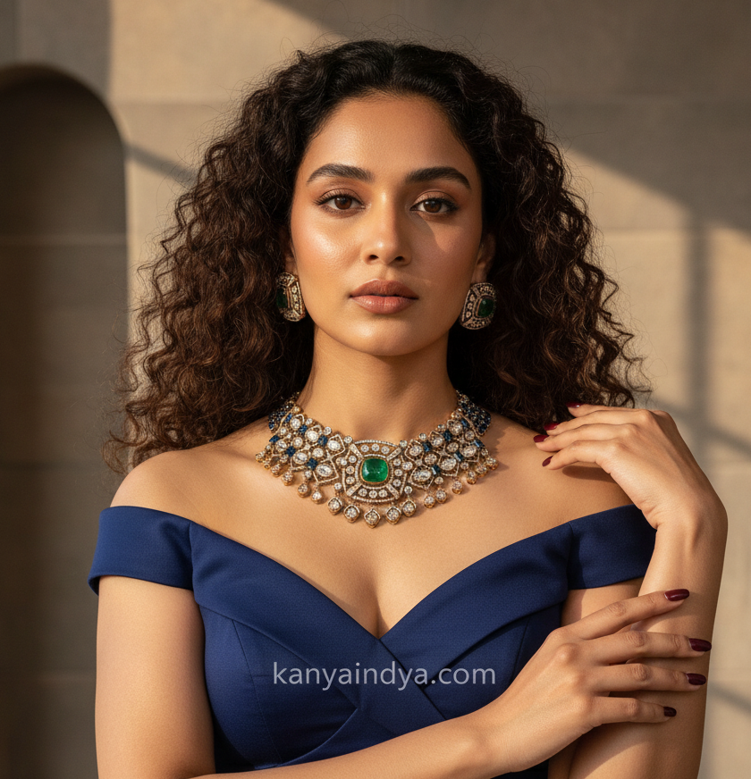 Green Doublet & Blue Invisible Setting Moissanite Choker Necklace Set