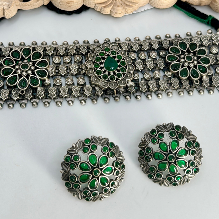 Green Silver Lookalike Chic Choker Set