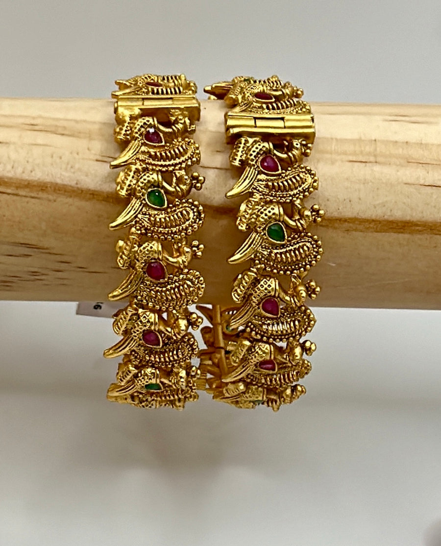 Ruby And Green Antique Gold  peacock Bangle Pair (Openable Size 2.4)