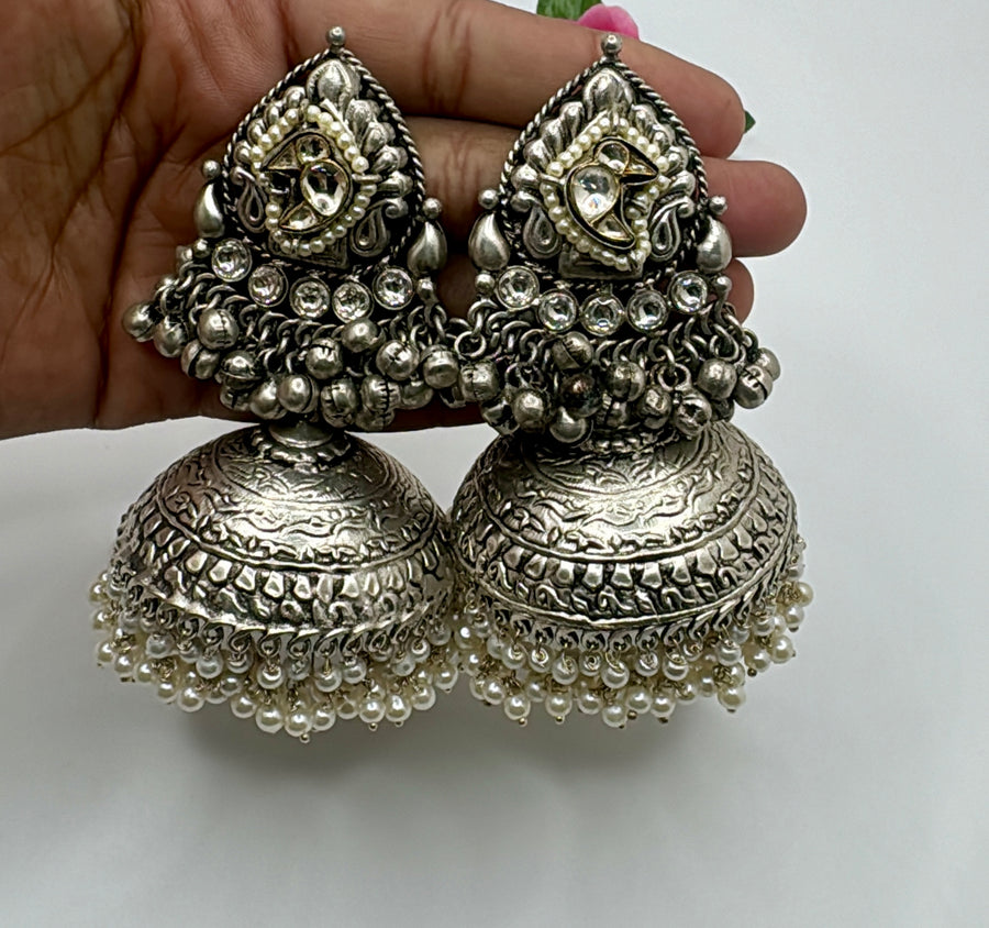 Clear Silver Lookalike Paachi Motif Large Jhumka