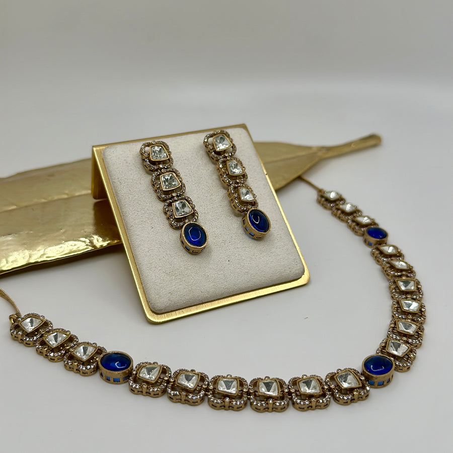 Blue Dainty Moissanite Kundan Necklace Set