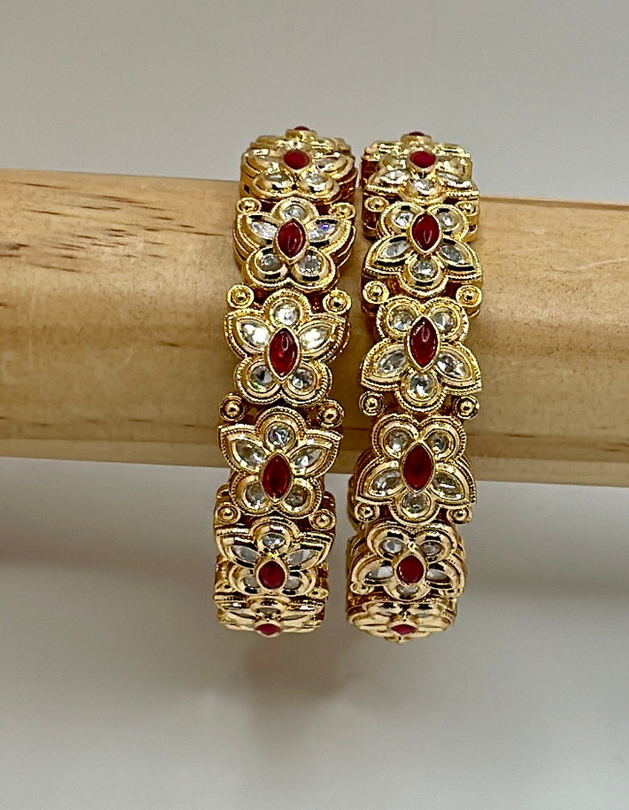 Ruby And Clear Kundan Flower Bangle Pair (NonOpenable Size 2.8)