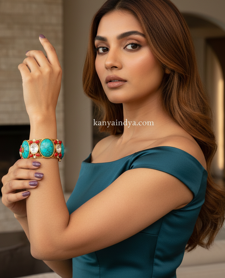 Turquoise Coral Jadau Moissanite Openable Bangle( Fits Size 2.2 to 2.6)