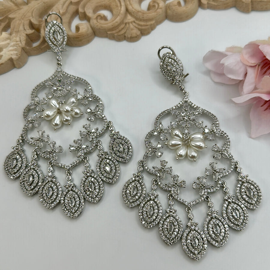 Clear American Diamonds & Pearl Statement Cocktail Earrings