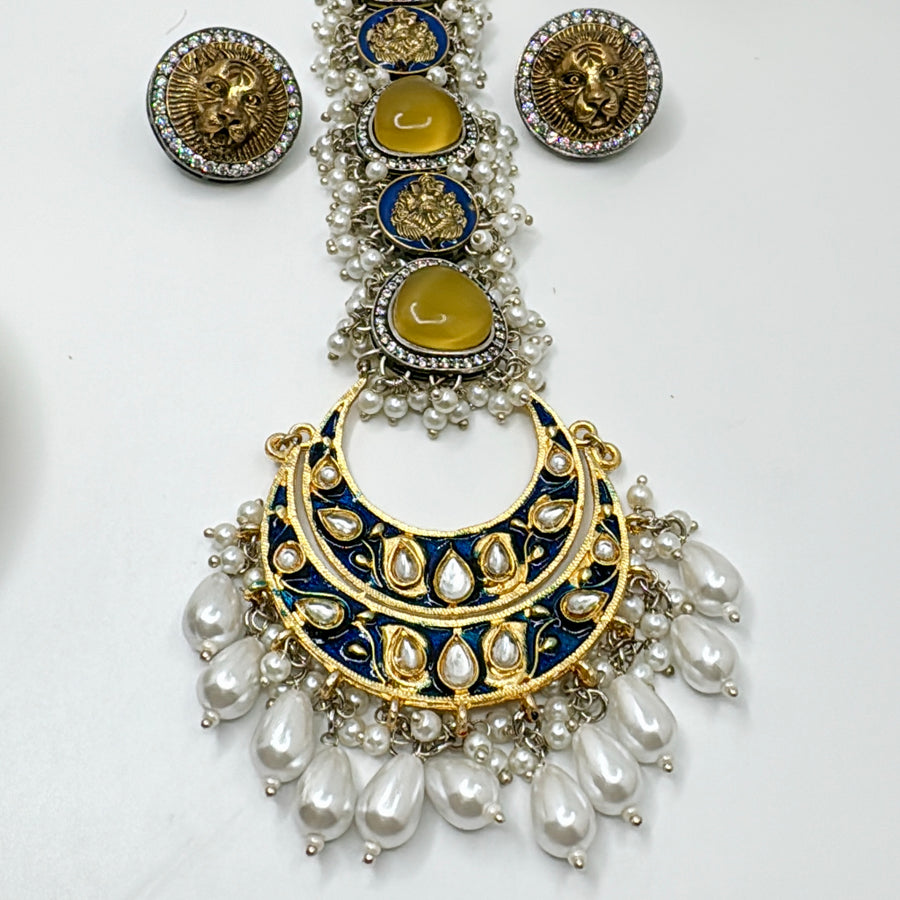 Blue & Yellow Kundan Sabya Inspired Silver Lookalike Fusion Tie Necklace Set