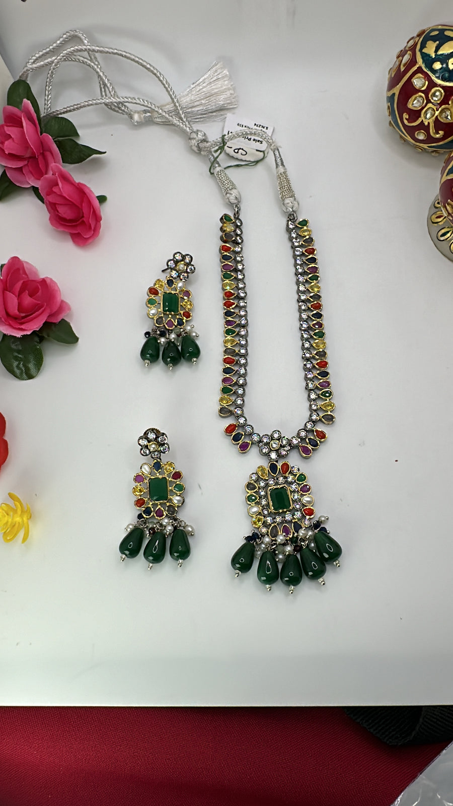 Green Kundan Necklace Set With multi Color stones