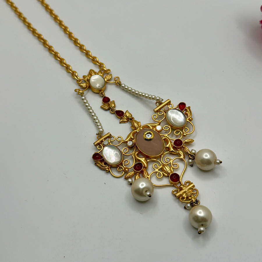 Pink Silver Lookalike Gold Carved Stone & Uncut Kundan Long Necklace Pendant