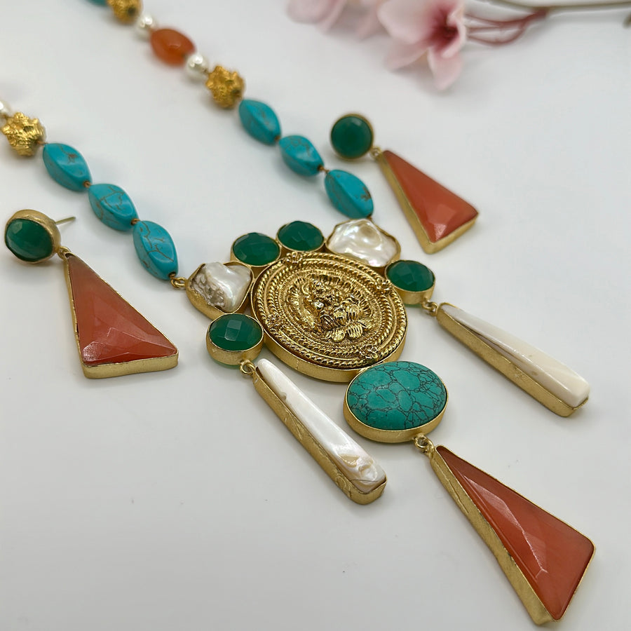 Orange & Turquoise Contemporary Long Necklace Set