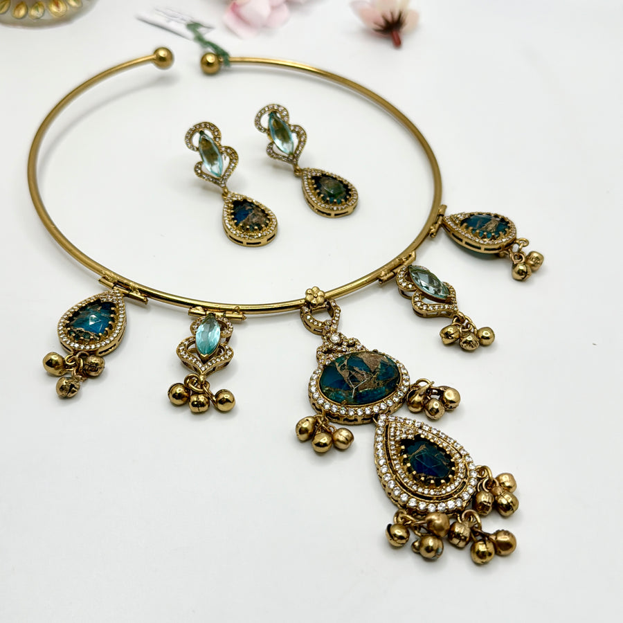 Blue Metallic Doublet Kundan Hasli Set