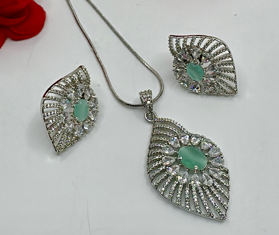 Mint American Diamonds Leaf Pendant Set