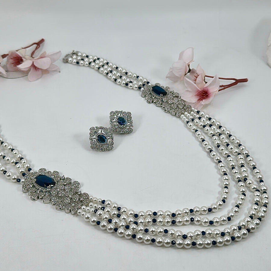 Blue Pearl & American Diamonds Cubic Zirconia Long Necklace Set