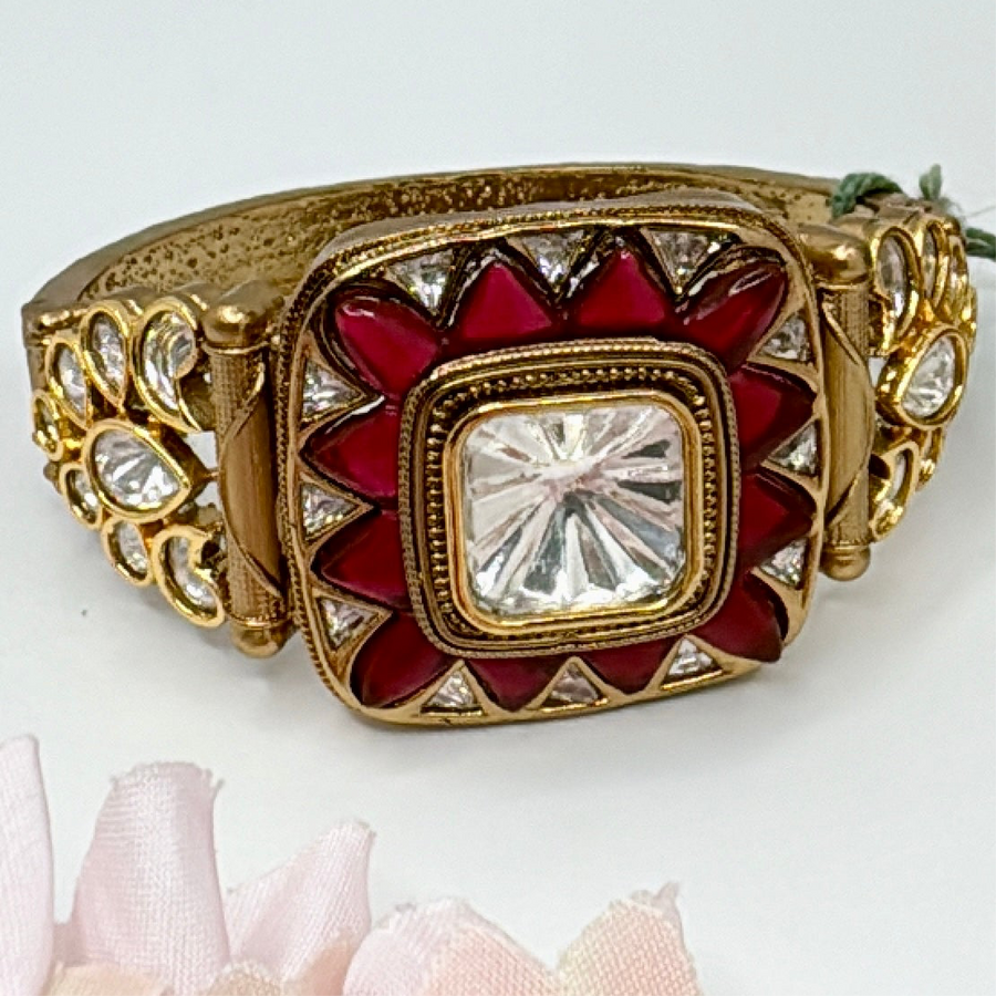 Ruby & Kundan Gold Finish Openable Bracelet(Fits Size 2.2-2.6)