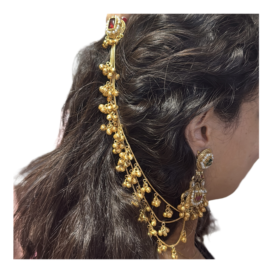 Multi Silver Lookalike Paachi Motifs Gold Sahara Ear Chain Earrings