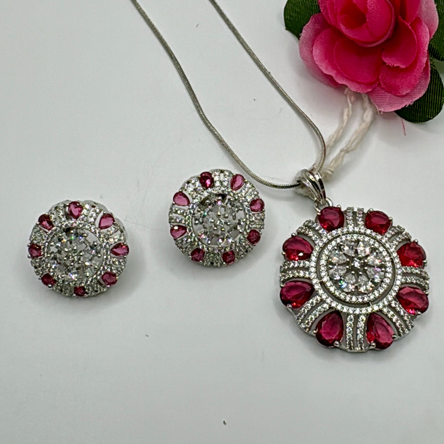 Ruby American Diamonds Flower Design Pendant Set