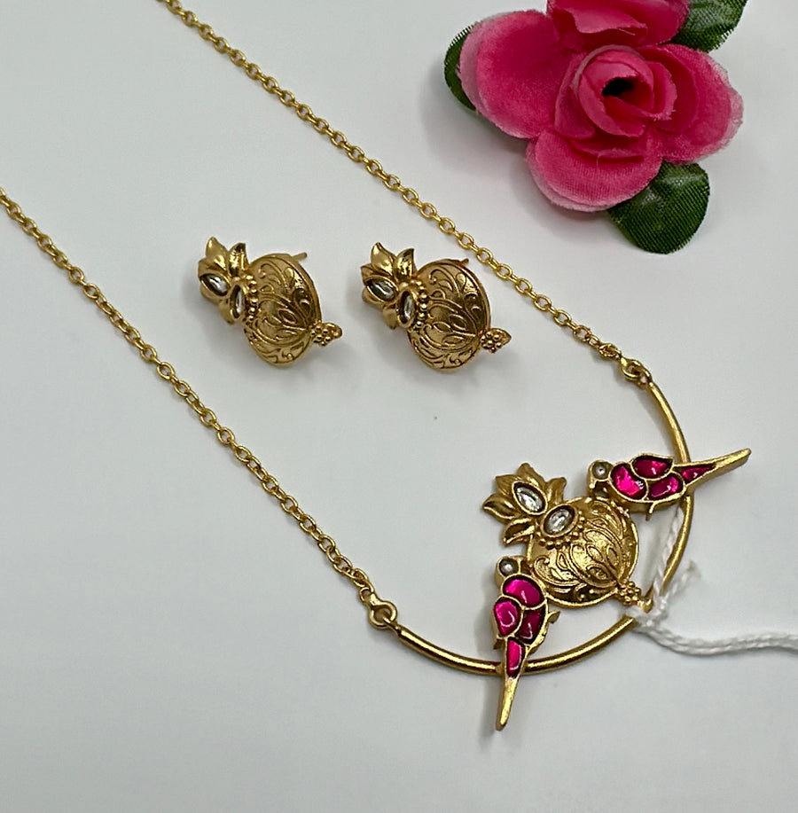 Ruby 92.5 Gold Polish Silver Lookalike Paachi Dainty Bird Pendant Set