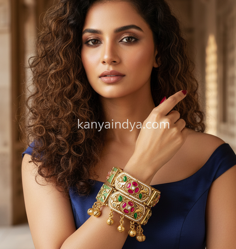 Mint & Ruby Antique Gold Heritage Ghungroo Openable Bangle Pair(Size 2.6)