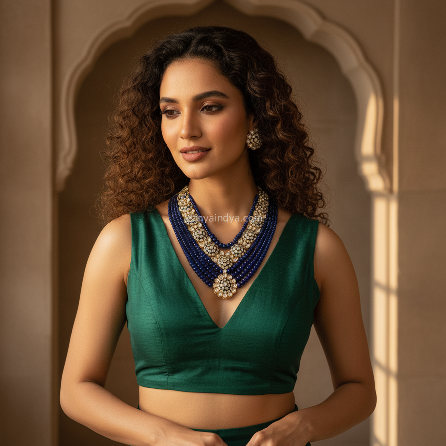 Blue Moissanite Pearls Statement Long NecklaceSet