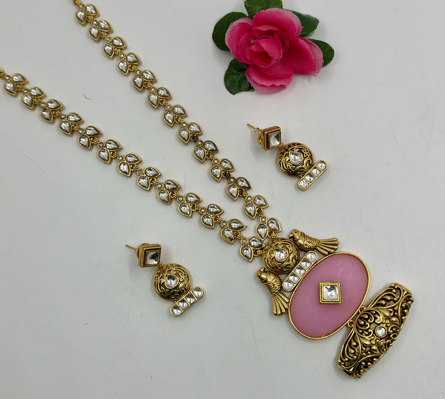 Pink Stone Long Necklace Set