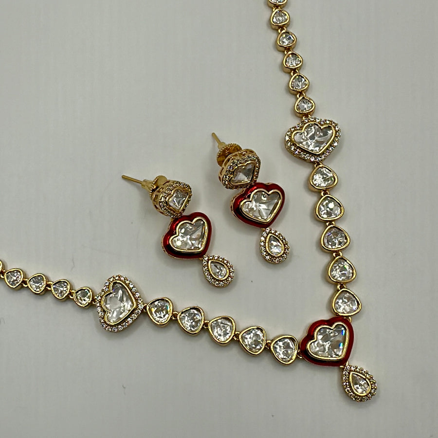 Red Kundan Moissanite Dainty Necklace Set