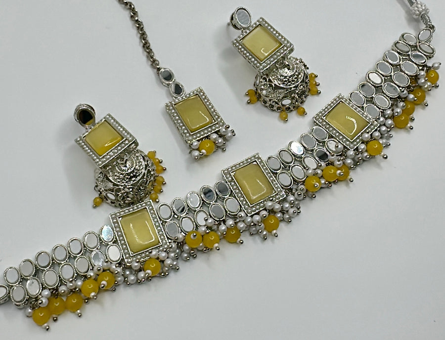 Yellow Mirror Work Doublet Choker Set